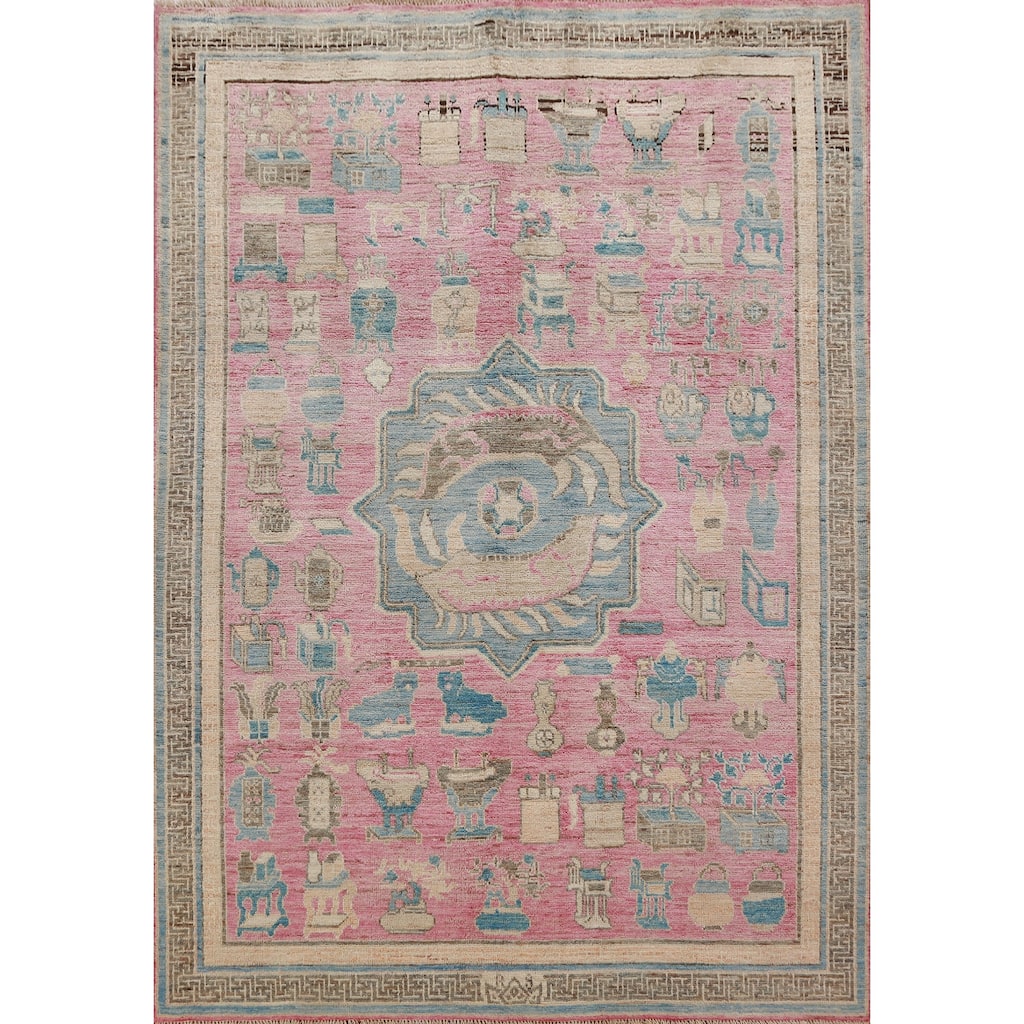 Hand Knotted Oriental 100% Wool Carpet Transitional Geometric Pink Oushak Area Rug - 7' 0'' X 5' 4''