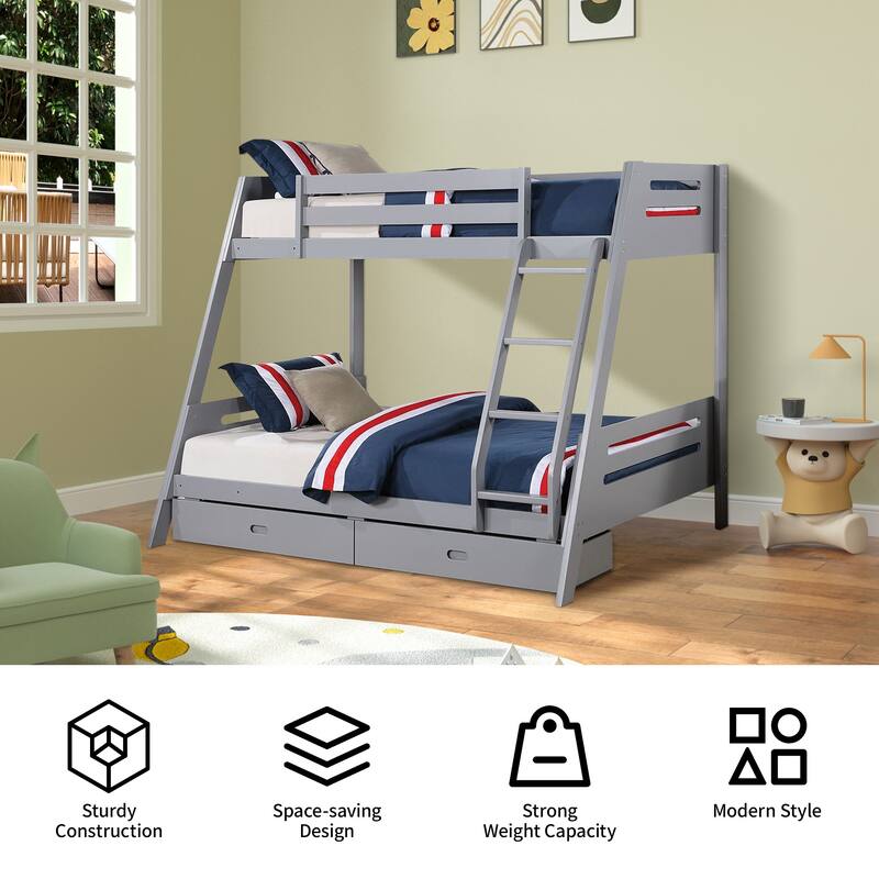 Grey Twin over Twin/ Full Bunk Bed with Underbed Drawers