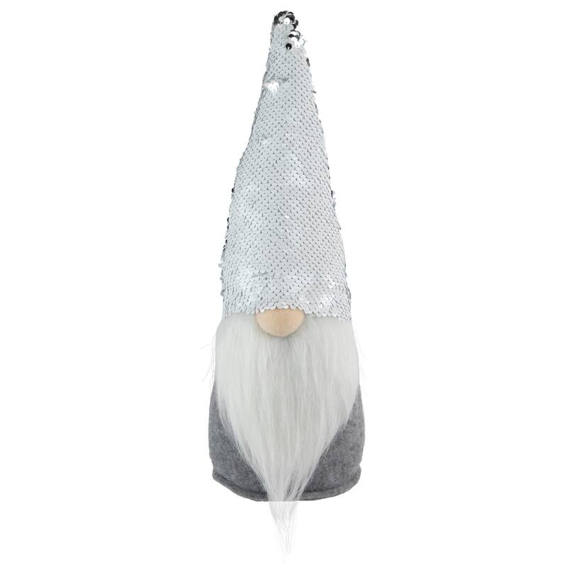 Standing Christmas Gnome with Flip Sequin Hat - 14" - Silver and Gray