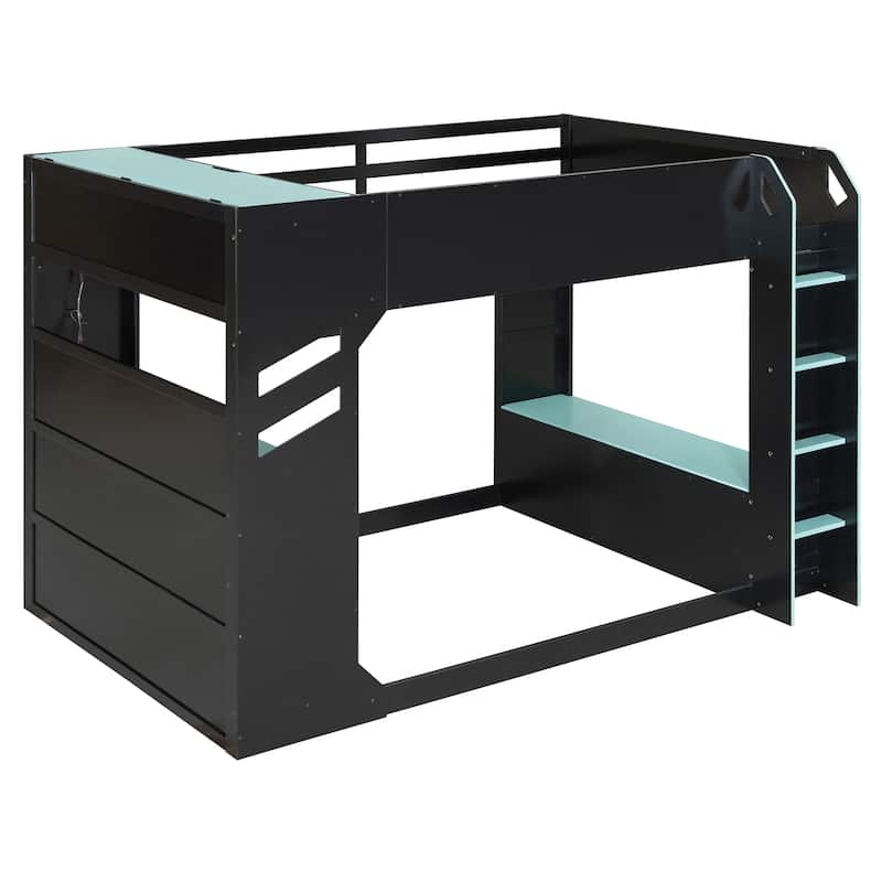 Full Size Loft Bed with Desk and RGB Lights, Wood Storage Bed with Drawers
