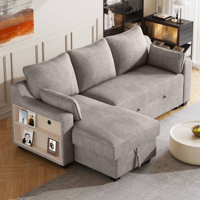 90" Convertible Sleeper Sofa with Storage Chaise, USB Ports, Storage Racks for Compact Spaces