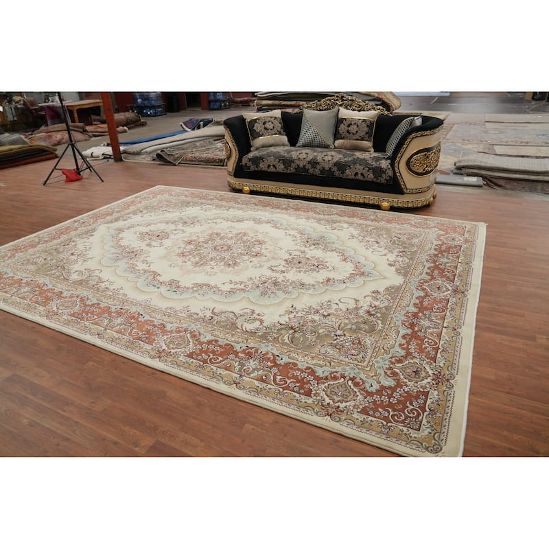 Traditional Tabriz Turkish Area Rug Machine-Made Beige Floral Carpet - 9'7" x 13'5"