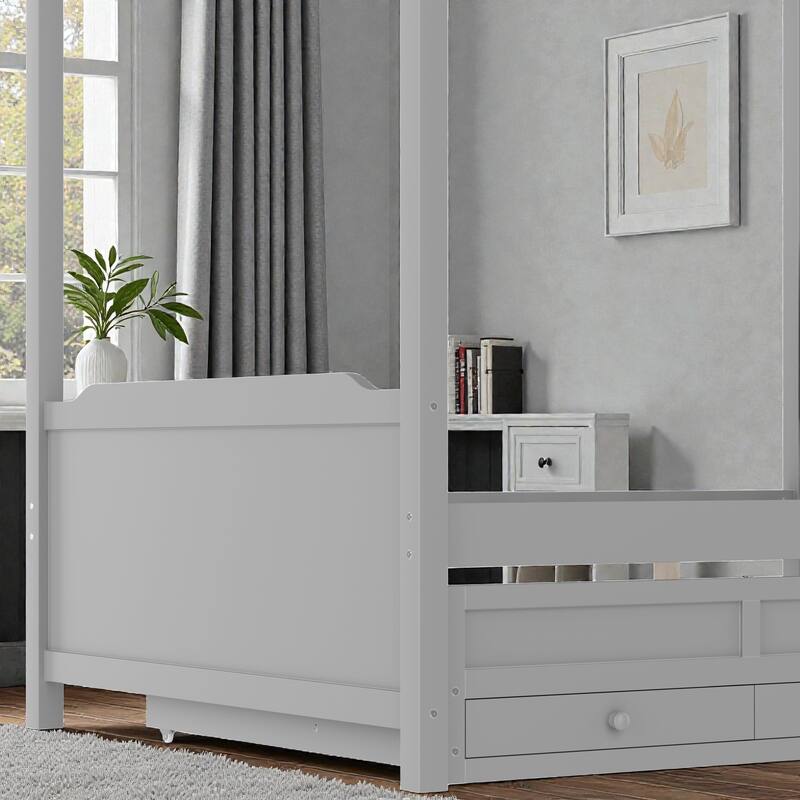 Princess Canopy Platform Bed with Upholstered Headboard, Trundle and 3 Drawers, Kids House Bed Frame with Storage