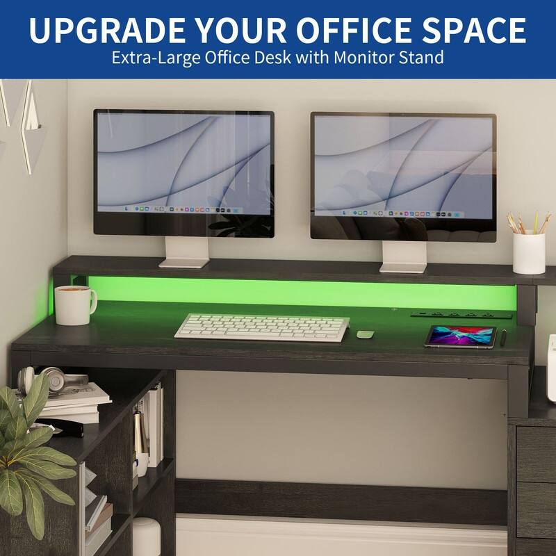 Moasis 65-inch L Shaped Computer Office Desk with Cabinet Drawers Gaming Desk w/Power Outlets & LED Lights