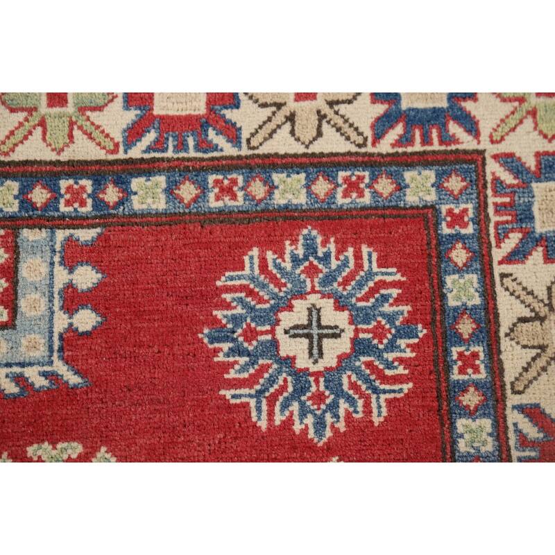 Red Geometric Kazak Oriental Accent Rug Hand-Knotted Wool Carpet - 3'11" x 6'3"
