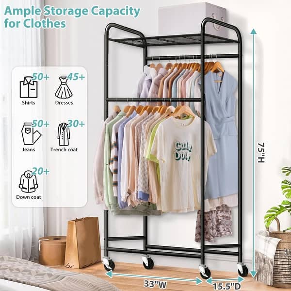 Double Rod Long Clothing Rack,Heavy Duty Rolling Garment Rack with Top  Shelves,Portable Closet Wardrobe Clothes Rack with Wheels - Bed Bath &  Beyond - 40646339