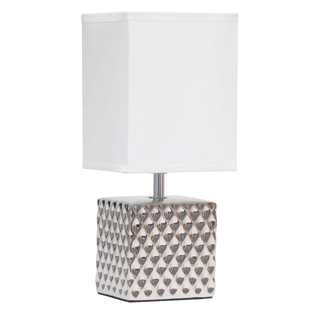 Tall Petite Ceramic Hammered Bedside Table Desk Lamp with Rectangular Shade - 11.75" - Silver and White