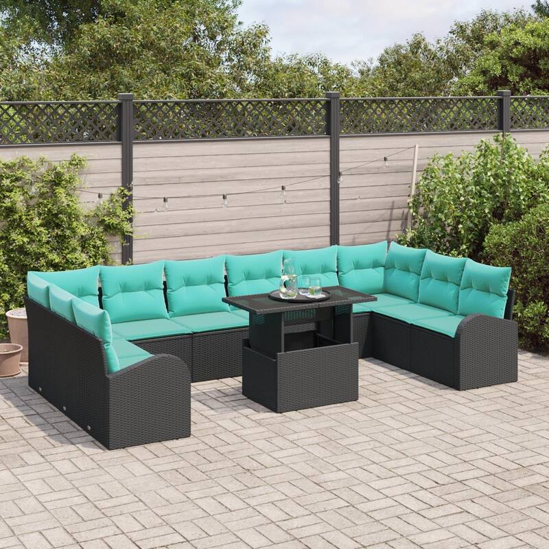 vidaXL 11 Piece Garden Sofa Set with Cushions Black Poly Rattan - 135.4×70.5×27.2