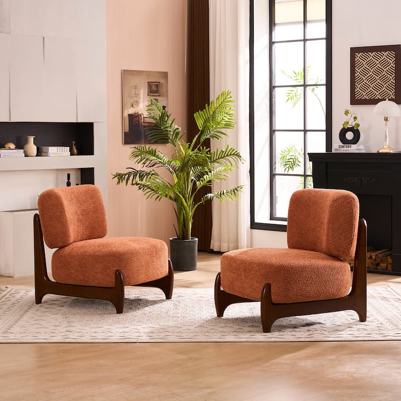 30"W Mid-Century Modern Accent Chair with Solid Wood Frame, Boucle Comfy Living Room Chair for Bedroom Lounge Reading Room - Set of 2 - Orange