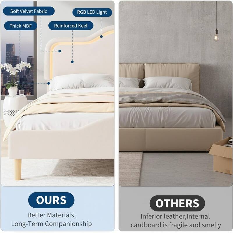 Bed Frame, Adjustable LED Headboard and Footboard