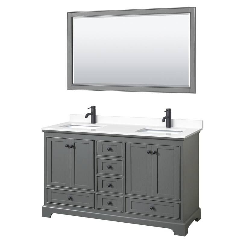 Deborah 60-inch Double Vanity, Cultured Marble Top, 58-inch Mirror - Dark Gray, Black Trim, White Cultured Marble Top