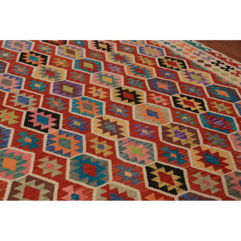 Geometric Kilim Area Rug Hand-Woven Orange Tribal Wool Carpet - 8'10"x 12'0"