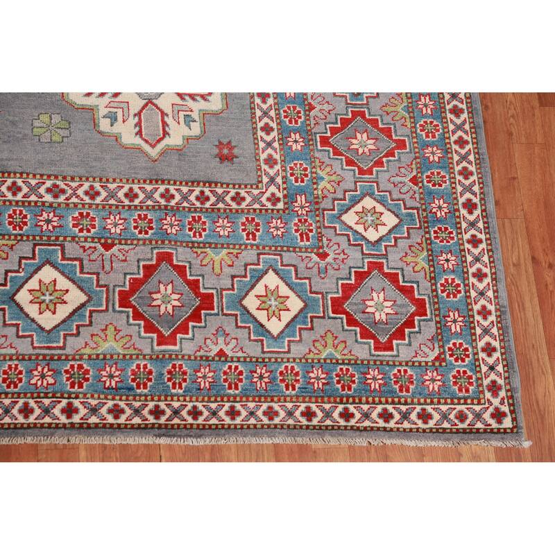 Hand Knotted Oriental 100% Wool Carpet Traditional Geometric Greys & Charcoal Kazak Area Rug - 13' 7'' X 9' 10''