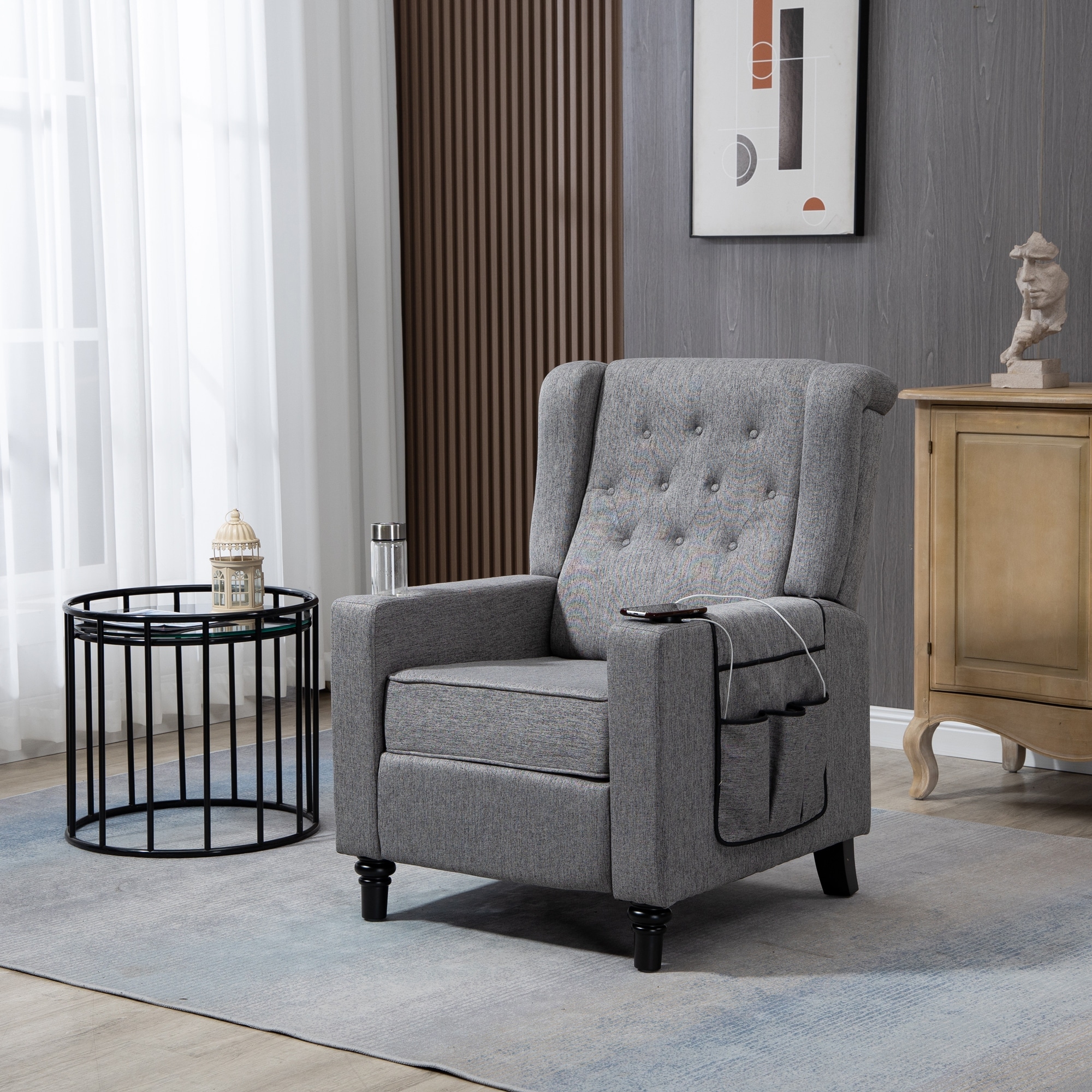 Arm Pushing Recliner, Button Tufted Wingback Push Back Armchair Home