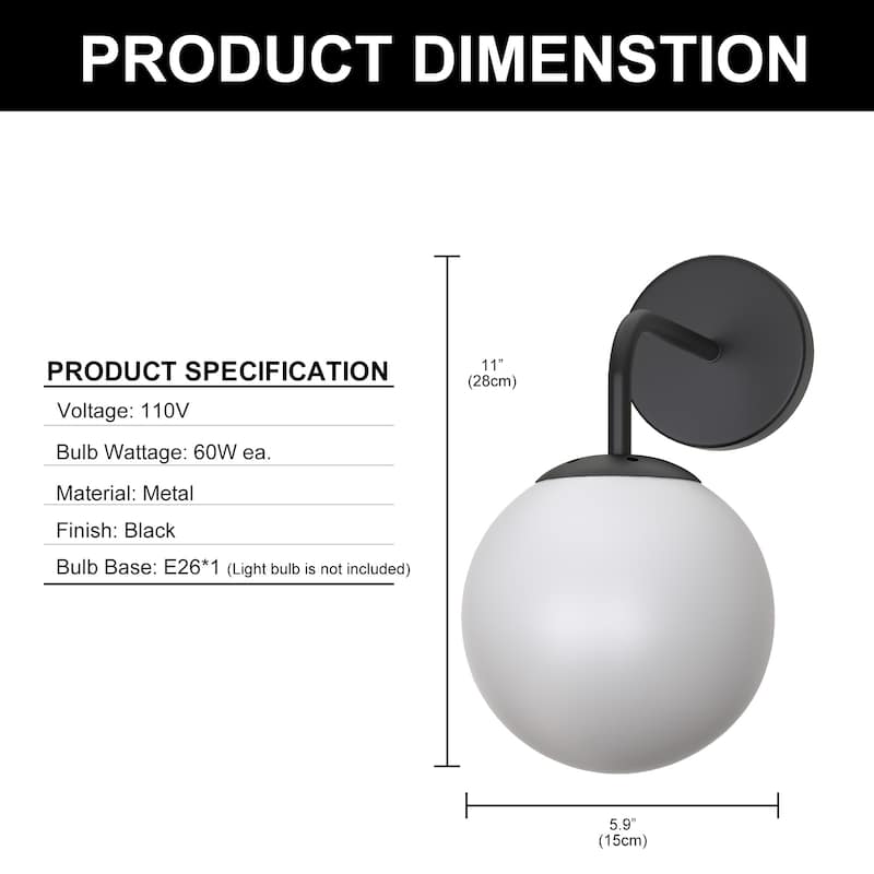 YANSUN 5.91 in. 1-Light Black Globe Iron Vintage Modern Indurarial Wall Sconce with Frosted Glass Shade - 11.02 in.