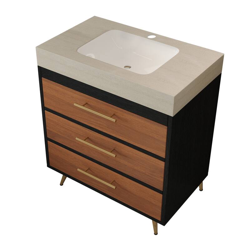 29.9" Modern Free-Standing Vanity with Ceramic Vessel Sink & Durable Sintered Stone Top