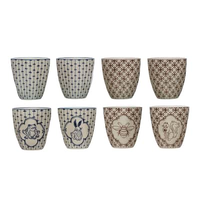 Stoneware Cups with Painted Fauna - 3.6"L x 3.5"W x 3.5"H