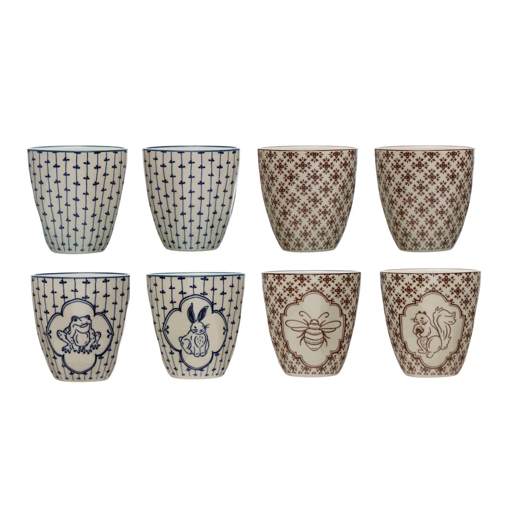 Stoneware Cups with Painted Fauna - 3.6"L x 3.5"W x 3.5"H