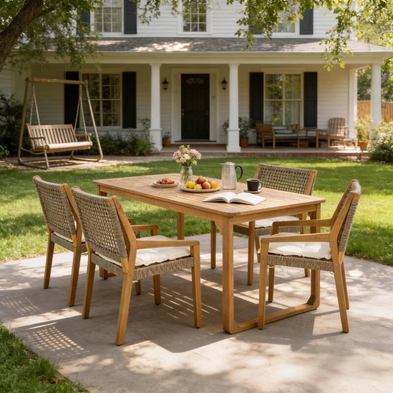 Christopher Knight Home - Ronan Outdoor Acacia Wood Dining Set with Wicker Back Chairs & Curved Leg Dining Table, Teak Finish