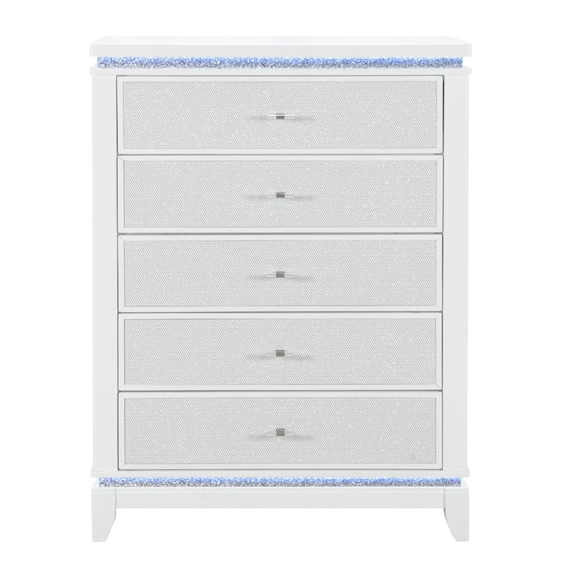 HomeRoots 36" White Faux Crystal Glitter Wood Lighted Five Drawer Dresser