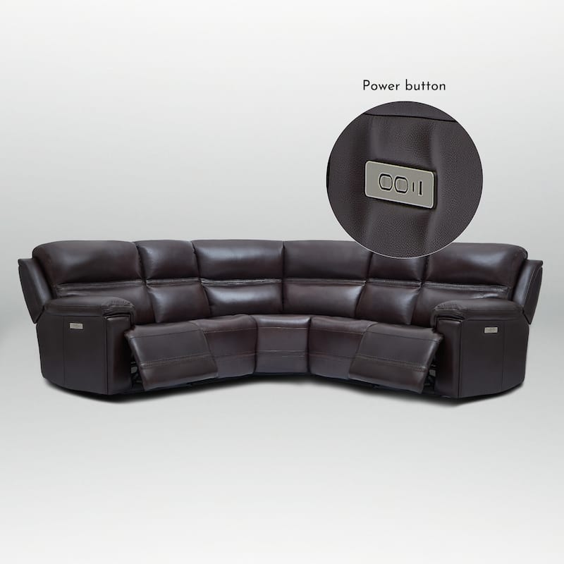 5PCS, 2 power Recliners, Dual-Power Genuine Leather Reclining Sectional with Adjustable Headrest