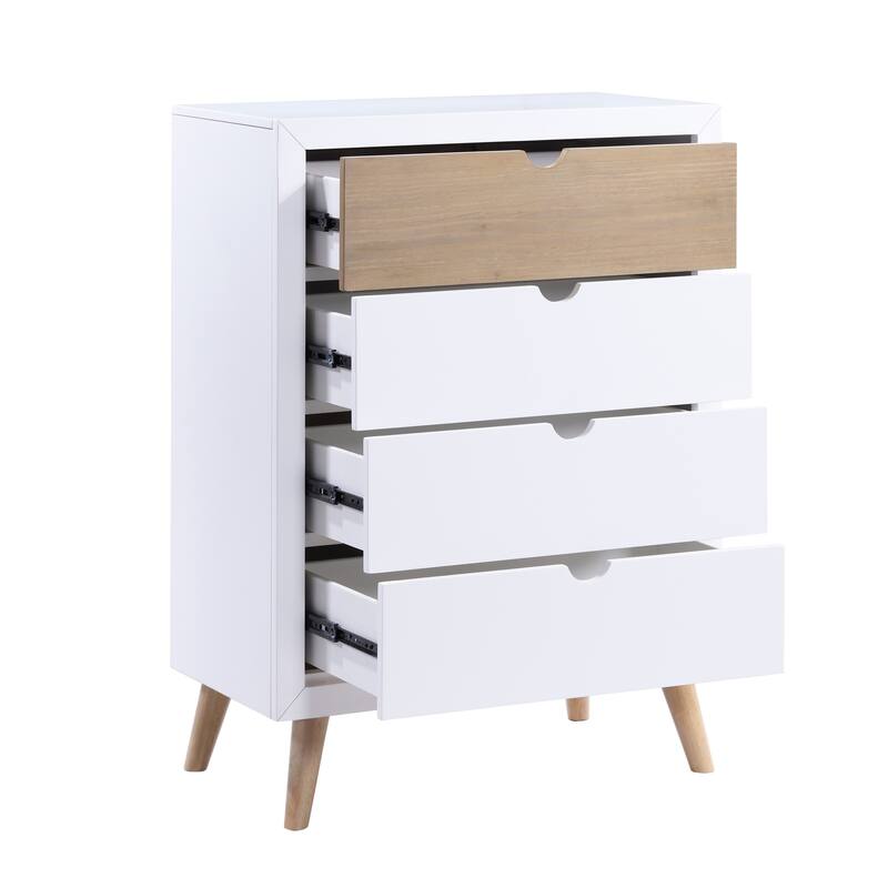 Kara 40 Inch Kids Tall Dresser Chest, 4 Drawers, Open Handles, White, Brown