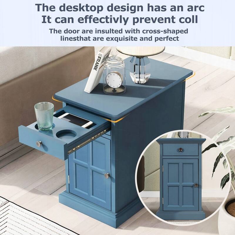 End Table Side Table with USB Ports and One Multifunctional Drawer with cup holders