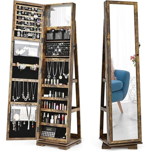 slide 2 of 4, 360 Degree Rotatable Jewelry Cabinet with Full-Length Mirror Brown