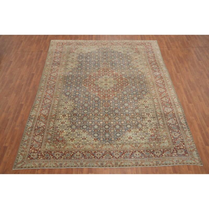 Hand Knotted Oriental 100% Wool Carpet Traditional Floral Navy Blue & Blues Tabriz Area Rug - 12' 10'' X 10' 0''