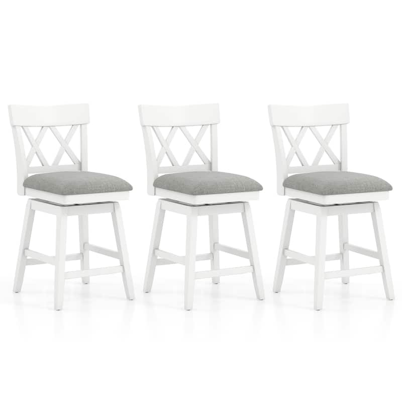 Gymax 26'' Bar Stool Wooden Chair Set of 3 w/Contoured Backrest Swivel - White & Grey