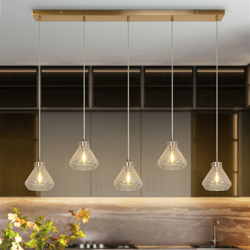 Modern Luxury 5-light Brass Gold Crackled Glass Chandelier Bowl-shaped Kitchen Island Light for Dining Room