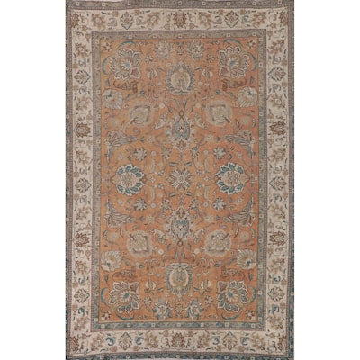 Floral Tabriz Persian Vintage Rug Handmade Orange Wool Carpet - 7'4"x 10'9"