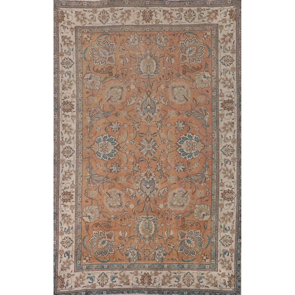 Floral Tabriz Persian Vintage Rug Handmade Orange Wool Carpet - 7'4"x 10'9"