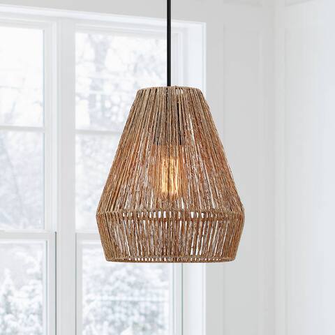 True Fine Bohemian Natural Jute Rope Island Mini Pendant Light with Black Hardware - 9.5 in.W - 9.5 in.W