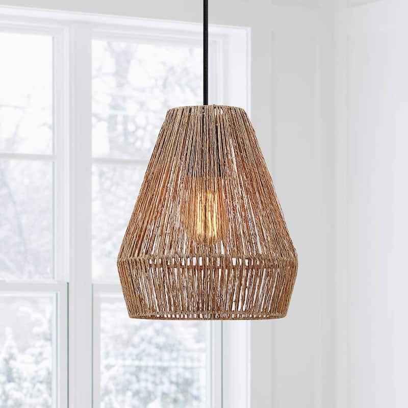 True Fine Bohemian Natural Jute Rope Island Mini Pendant Light with Black Hardware - 9.5'' W