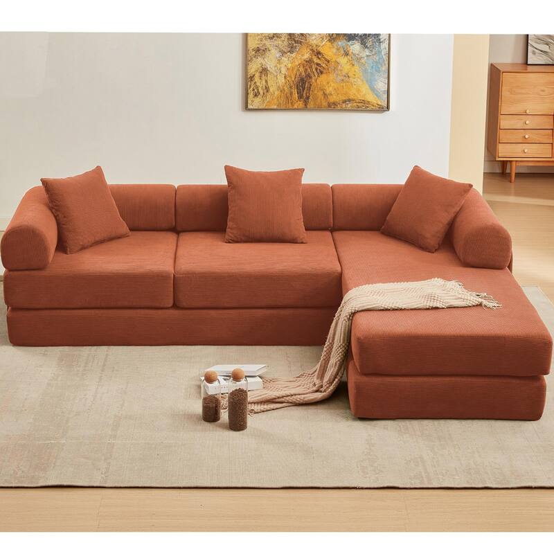 107" Orange Corduroy Modular Sectional Sofa Bed, 7-in-1, No Assembly