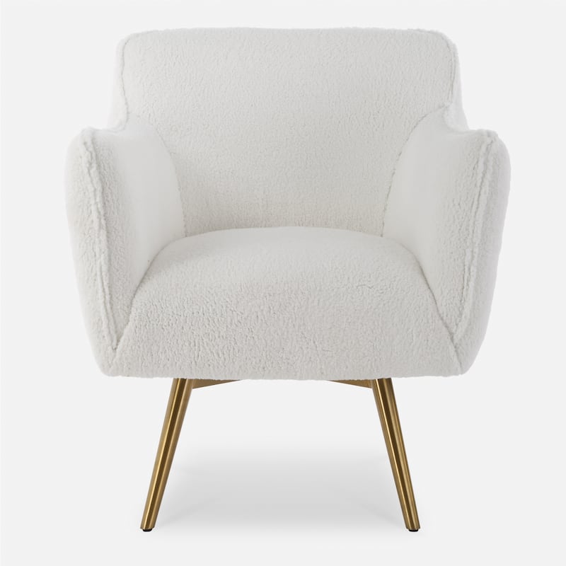 Solid Brushed Brass Swivel Chair with Tapered Legs - 33.5" - White