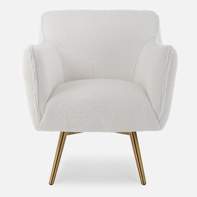 Solid Brushed Brass Swivel Chair with Tapered Legs - 33.5" - White