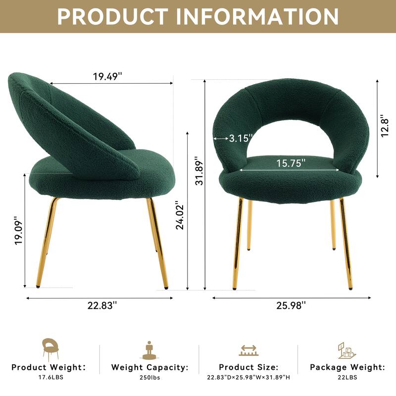 Set of 1 Teddy Fabric Dining Chairs With Curved Backrest and Golden Metal Legs for Kitchen or Dining Room ,Green
