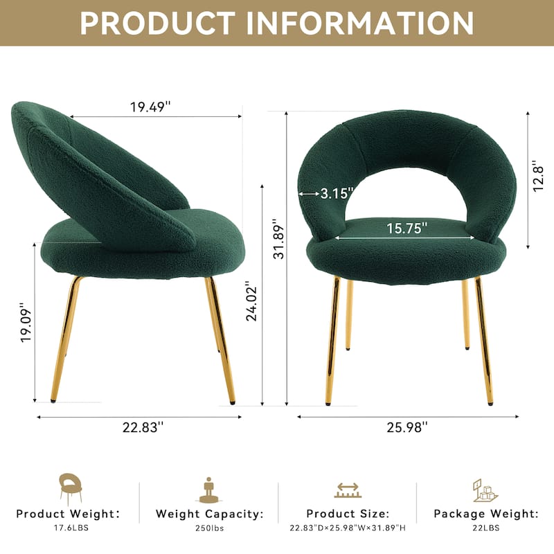 Set of 1 Teddy Fabric Dining Chairs With Curved Backrest and Golden Metal Legs for Kitchen or Dining Room