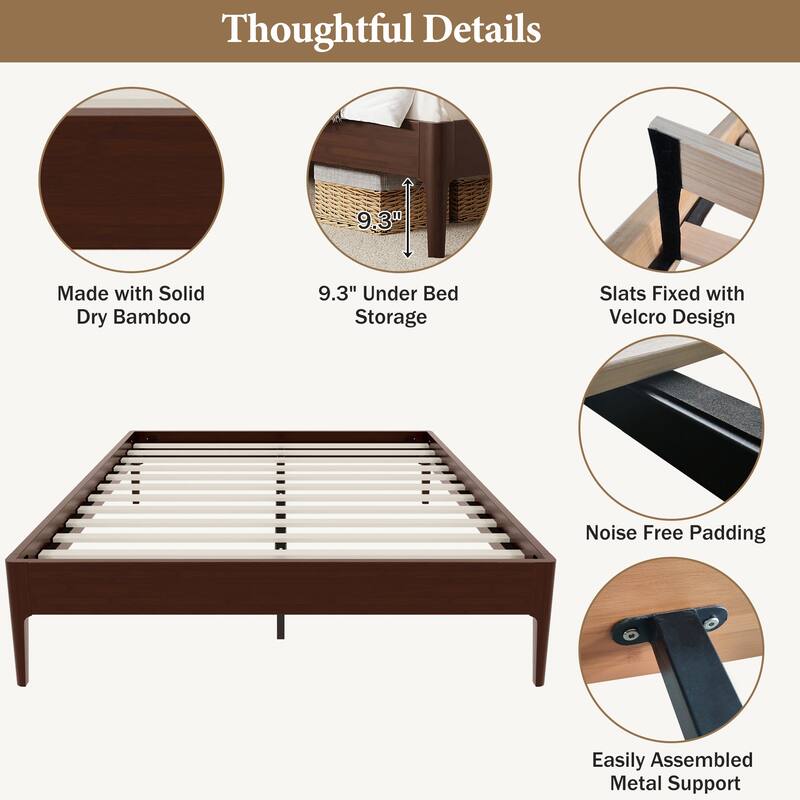 15" High Full Bamboo Platform Bed, Wood Slat Metal Support, Modern Minimalist, No Box Spring, Easy Assembly, Chocolate