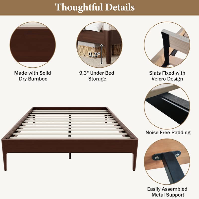 Solid Dry Bamboo Wood Platform Bed Frame with Wood Slat Metal Support, No Box Spring Needed, Easy Assembly