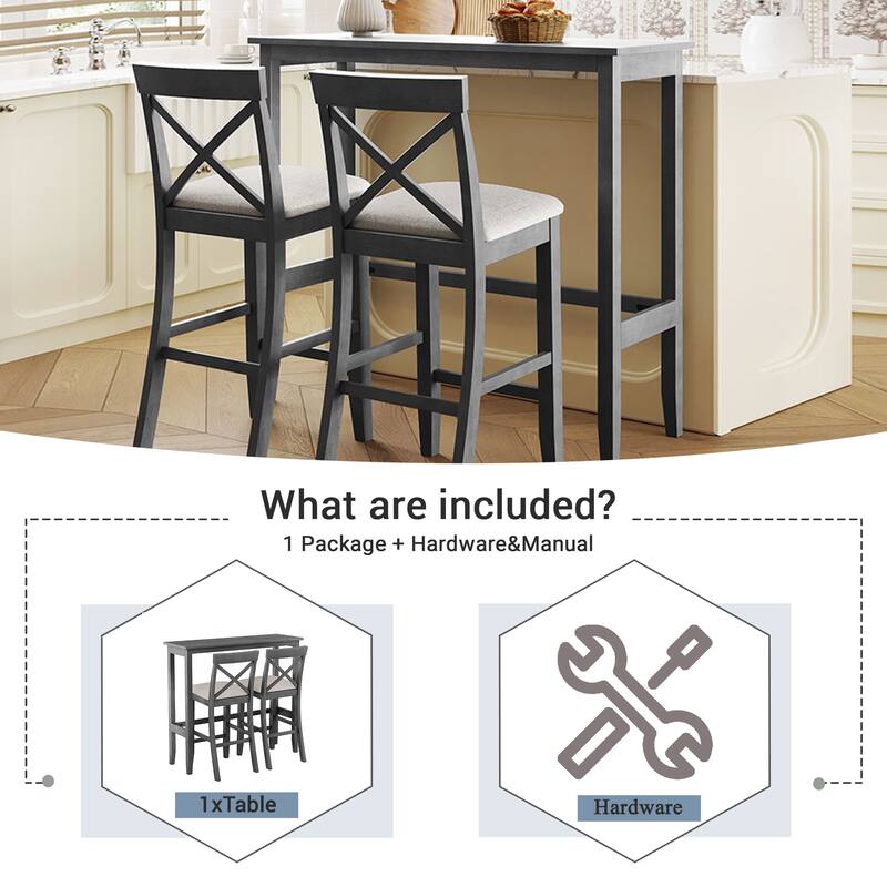 Farmhouse 48"Rectangular Wood Bar Height Dining Set Kitchen Breakfast Nook with 2 Chairs for Small Places