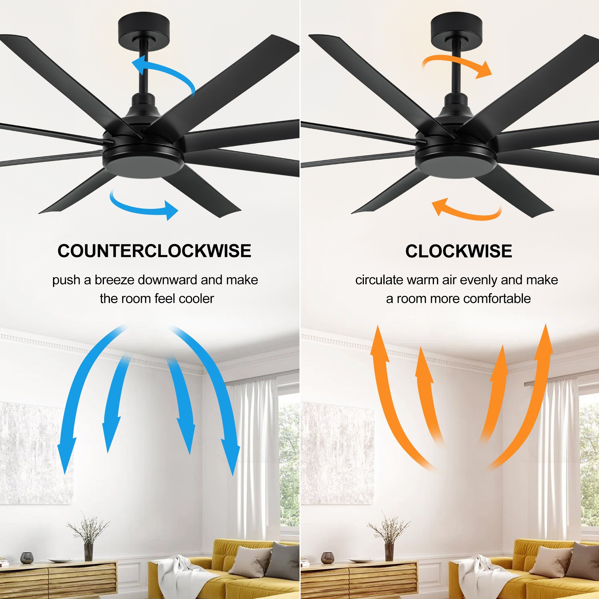 【na.e】 Smooth Reversible All-in-one 65-In Ceiling Fan with Remote Without Light(8-Blade) - On