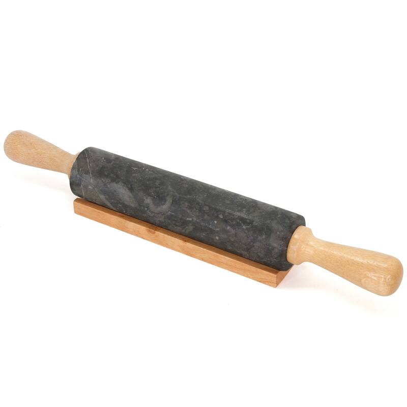 Creative Home Deluxe Natural Charcoal Marble 18" Length Rolling Pin with Wooded Handles and Cradle - Grey