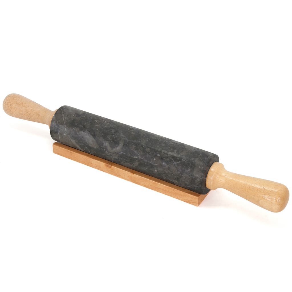 Creative Home Deluxe Natural Charcoal Marble 18" Length Rolling Pin with Wooded Handles and Cradle