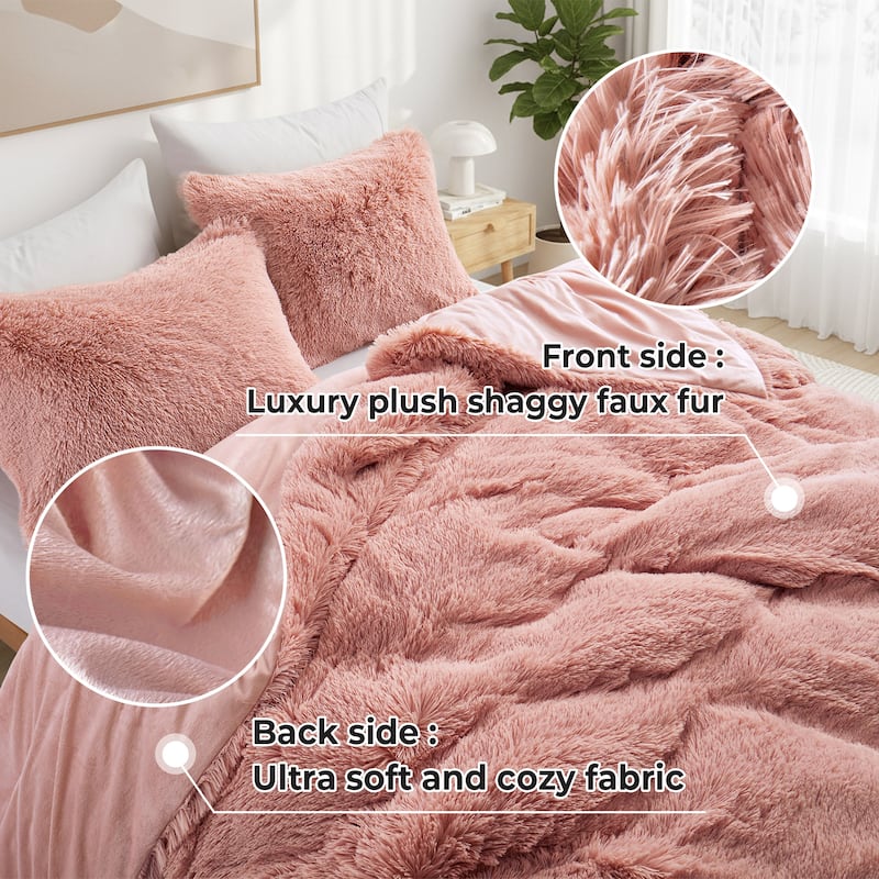 Fluffy Shaggy Reversible Faux Fur Comforter Set, Fuzzy Plush Bedding Set