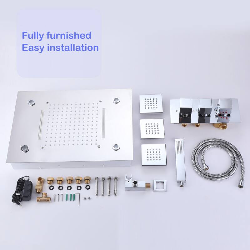 LED 4-Way Complete Rain and Waterfall Shower System with 3 body Jets & High-pressure Handheld, Ceiling Mounted