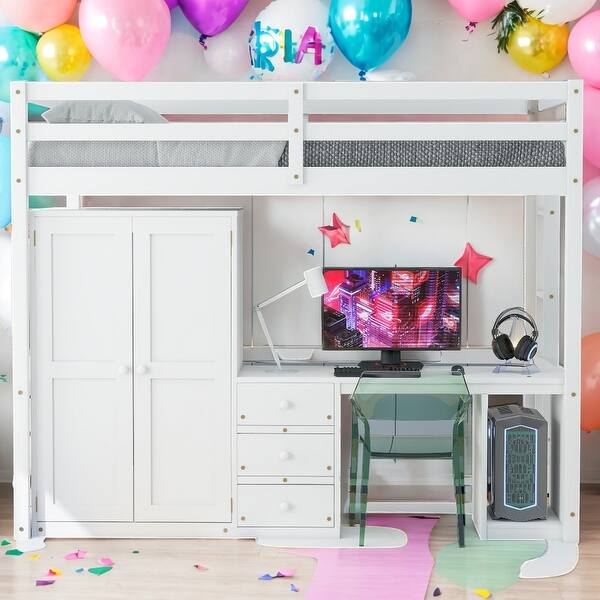 slide 2 of 9, Full Size Loft Bed with Wardrobe, Desk, Drawers, and Open Storage Cabinet, Multi-Functional Space-Saving Design, White White