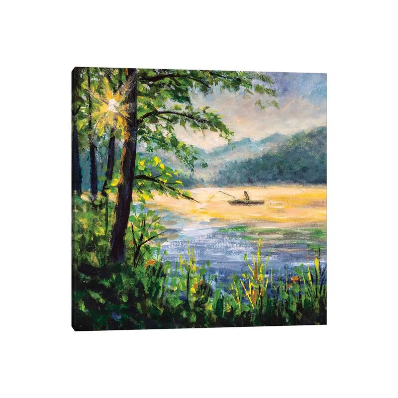 iCanvas "Fishing Painting. Fisherman In Boat In Beautiful Morning Lake." by Valery Rybakow Canvas Print